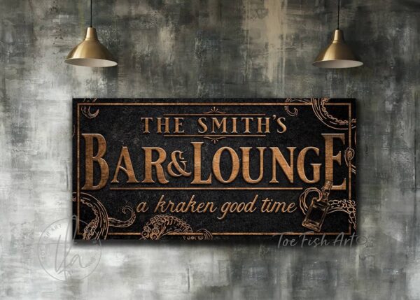 Kraken Bar & Lounge Sign handmade by ToeFishArt. Original, custom, personalized wall decor signs. Canvas, Wood or Metal. Rustic modern farmhouse, cottagecore, vintage, retro, industrial, Americana, primitive, country, coastal, minimalist.