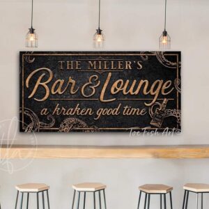 Kraken Bar & Lounge Sign handmade by ToeFishArt. Original, custom, personalized wall decor signs. Canvas, Wood or Metal. Rustic modern farmhouse, cottagecore, vintage, retro, industrial, Americana, primitive, country, coastal, minimalist.