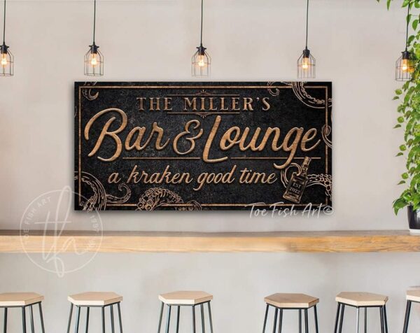 Kraken Bar & Lounge Sign handmade by ToeFishArt. Original, custom, personalized wall decor signs. Canvas, Wood or Metal. Rustic modern farmhouse, cottagecore, vintage, retro, industrial, Americana, primitive, country, coastal, minimalist.