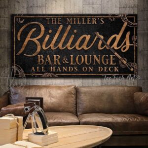 Kraken Billiards Bar & Lounge Sign handmade by ToeFishArt. Original, custom, personalized wall decor signs. Canvas, Wood or Metal. Rustic modern farmhouse, cottagecore, vintage, retro, industrial, Americana, primitive, country, coastal, minimalist.