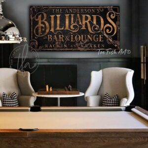 Kraken Billiards Bar & Lounge Sign handmade by ToeFishArt. Original, custom, personalized wall decor signs. Canvas, Wood or Metal. Rustic modern farmhouse, cottagecore, vintage, retro, industrial, Americana, primitive, country, coastal, minimalist.