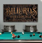 Kraken Billiards Bar & Lounge Sign handmade by ToeFishArt. Original, custom, personalized wall decor signs. Canvas, Wood or Metal. Rustic modern farmhouse, cottagecore, vintage, retro, industrial, Americana, primitive, country, coastal, minimalist.