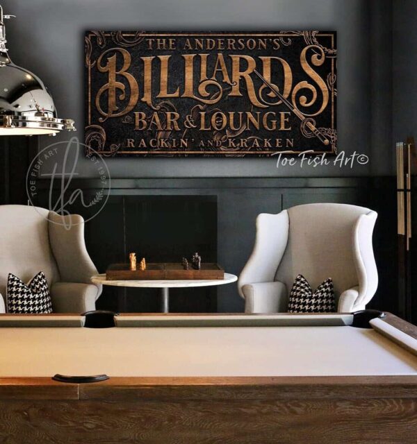 Kraken Billiards Bar & Lounge Sign handmade by ToeFishArt. Original, custom, personalized wall decor signs. Canvas, Wood or Metal. Rustic modern farmhouse, cottagecore, vintage, retro, industrial, Americana, primitive, country, coastal, minimalist.