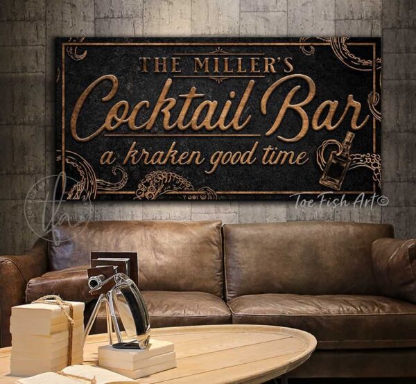 Kraken Cocktail Bar Sign handmade by ToeFishArt. Original, custom, personalized wall decor signs. Canvas, Wood or Metal. Rustic modern farmhouse, cottagecore, vintage, retro, industrial, Americana, primitive, country, coastal, minimalist.