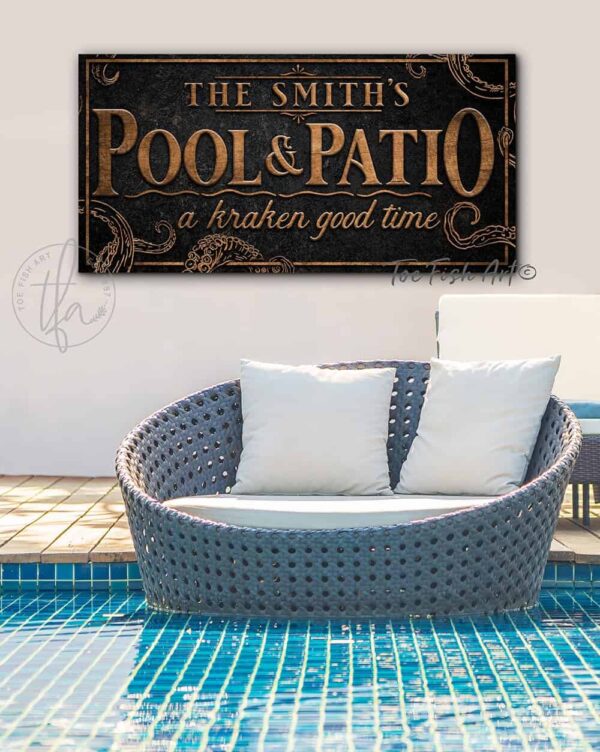 Kraken Pool & Patio Sign handmade by ToeFishArt. Original, custom, personalized wall decor signs. Canvas, Wood or Metal. Rustic modern farmhouse, cottagecore, vintage, retro, industrial, Americana, primitive, country, coastal, minimalist.