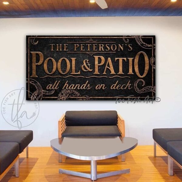 Kraken Pool & Patio Sign handmade by ToeFishArt. Original, custom, personalized wall decor signs. Canvas, Wood or Metal. Rustic modern farmhouse, cottagecore, vintage, retro, industrial, Americana, primitive, country, coastal, minimalist.