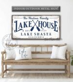 Lake House Personalized Sign handmade by ToeFishArt. Original, custom, personalized wall decor signs. Canvas, Wood or Metal. Rustic modern farmhouse, cottagecore, vintage, retro, industrial, Americana, primitive, country, coastal, minimalist.