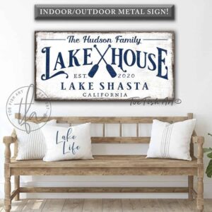 Lake House Personalized Sign handmade by ToeFishArt. Original, custom, personalized wall decor signs. Canvas, Wood or Metal. Rustic modern farmhouse, cottagecore, vintage, retro, industrial, Americana, primitive, country, coastal, minimalist.