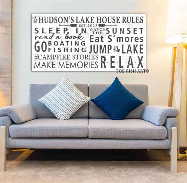 Lake House Rules Sign handmade by ToeFishArt. Original, custom, personalized wall decor signs. Canvas, Wood or Metal. Rustic modern farmhouse, cottagecore, vintage, retro, industrial, Americana, primitive, country, coastal, minimalist.