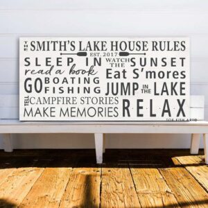 Lake House Rules Sign handmade by ToeFishArt. Original, custom, personalized wall decor signs. Canvas, Wood or Metal. Rustic modern farmhouse, cottagecore, vintage, retro, industrial, Americana, primitive, country, coastal, minimalist.