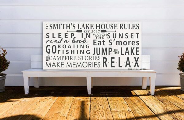 Lake House Rules Sign handmade by ToeFishArt. Original, custom, personalized wall decor signs. Canvas, Wood or Metal. Rustic modern farmhouse, cottagecore, vintage, retro, industrial, Americana, primitive, country, coastal, minimalist.