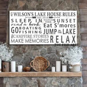 Lake House Rules Sign handmade by ToeFishArt. Original, custom, personalized wall decor signs. Canvas, Wood or Metal. Rustic modern farmhouse, cottagecore, vintage, retro, industrial, Americana, primitive, country, coastal, minimalist.