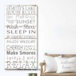 Lake House Rules Sign handmade by ToeFishArt. Original, custom, personalized wall decor signs. Canvas, Wood or Metal. Rustic modern farmhouse, cottagecore, vintage, retro, industrial, Americana, primitive, country, coastal, minimalist.