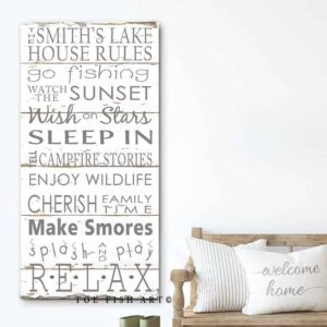 Lake House Rules Sign handmade by ToeFishArt. Original, custom, personalized wall decor signs. Canvas, Wood or Metal. Rustic modern farmhouse, cottagecore, vintage, retro, industrial, Americana, primitive, country, coastal, minimalist.