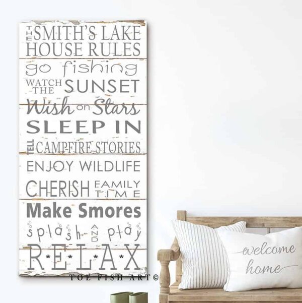 Lake House Rules Sign handmade by ToeFishArt. Original, custom, personalized wall decor signs. Canvas, Wood or Metal. Rustic modern farmhouse, cottagecore, vintage, retro, industrial, Americana, primitive, country, coastal, minimalist.