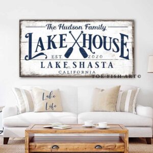 Lake House Sign handmade by ToeFishArt. Original, custom, personalized wall decor signs. Canvas, Wood or Metal. Rustic modern farmhouse, cottagecore, vintage, retro, industrial, Americana, primitive, country, coastal, minimalist.