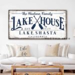 Lake House Sign handmade by ToeFishArt. Original, custom, personalized wall decor signs. Canvas, Wood or Metal. Rustic modern farmhouse, cottagecore, vintage, retro, industrial, Americana, primitive, country, coastal, minimalist.