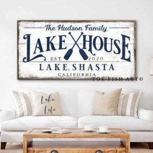 Lake House Sign handmade by ToeFishArt. Original, custom, personalized wall decor signs. Canvas, Wood or Metal. Rustic modern farmhouse, cottagecore, vintage, retro, industrial, Americana, primitive, country, coastal, minimalist.