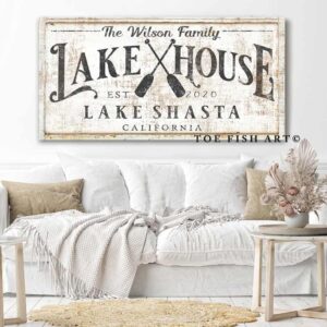 Lake House Sign handmade by ToeFishArt. Original, custom, personalized wall decor signs. Canvas, Wood or Metal. Rustic modern farmhouse, cottagecore, vintage, retro, industrial, Americana, primitive, country, coastal, minimalist.