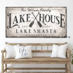 Lake House Sign handmade by ToeFishArt. Original, custom, personalized wall decor signs. Canvas, Wood or Metal. Rustic modern farmhouse, cottagecore, vintage, retro, industrial, Americana, primitive, country, coastal, minimalist.