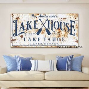 Lake House Sign handmade by ToeFishArt. Original, custom, personalized wall decor signs. Canvas, Wood or Metal. Rustic modern farmhouse, cottagecore, vintage, retro, industrial, Americana, primitive, country, coastal, minimalist.