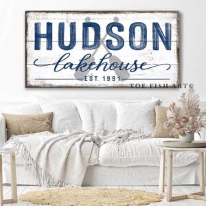 Lake House Sign handmade by ToeFishArt. Original, custom, personalized wall decor signs. Canvas, Wood or Metal. Rustic modern farmhouse, cottagecore, vintage, retro, industrial, Americana, primitive, country, coastal, minimalist.