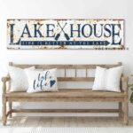 Lake House Sign Vintage Rustic Life is Better handmade by ToeFishArt. Original, custom, personalized wall decor signs. Canvas, Wood or Metal. Rustic modern farmhouse, cottagecore, vintage, retro, industrial, Americana, primitive, country, coastal, minimalist.