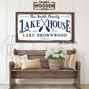 Lake House Sign with Oars handmade by ToeFishArt. Original, custom, personalized wall decor signs. Canvas, Wood or Metal. Rustic modern farmhouse, cottagecore, vintage, retro, industrial, Americana, primitive, country, coastal, minimalist.