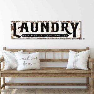 Laundry Sign Rustic Self Service Open 24 Hours handmade by ToeFishArt. Original, custom, personalized wall decor signs. Canvas, Wood or Metal. Rustic modern farmhouse, cottagecore, vintage, retro, industrial, Americana, primitive, country, coastal, minimalist.