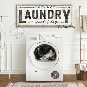 Laundry Wash & Dry Sign handmade by ToeFishArt. Original, custom, personalized wall decor signs. Canvas, Wood or Metal. Rustic modern farmhouse, cottagecore, vintage, retro, industrial, Americana, primitive, country, coastal, minimalist.