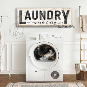 Laundry Wash & Dry Sign handmade by ToeFishArt. Original, custom, personalized wall decor signs. Canvas, Wood or Metal. Rustic modern farmhouse, cottagecore, vintage, retro, industrial, Americana, primitive, country, coastal, minimalist.