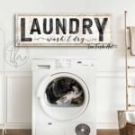 Laundry Wash & Dry Sign handmade by ToeFishArt. Original, custom, personalized wall decor signs. Canvas, Wood or Metal. Rustic modern farmhouse, cottagecore, vintage, retro, industrial, Americana, primitive, country, coastal, minimalist.