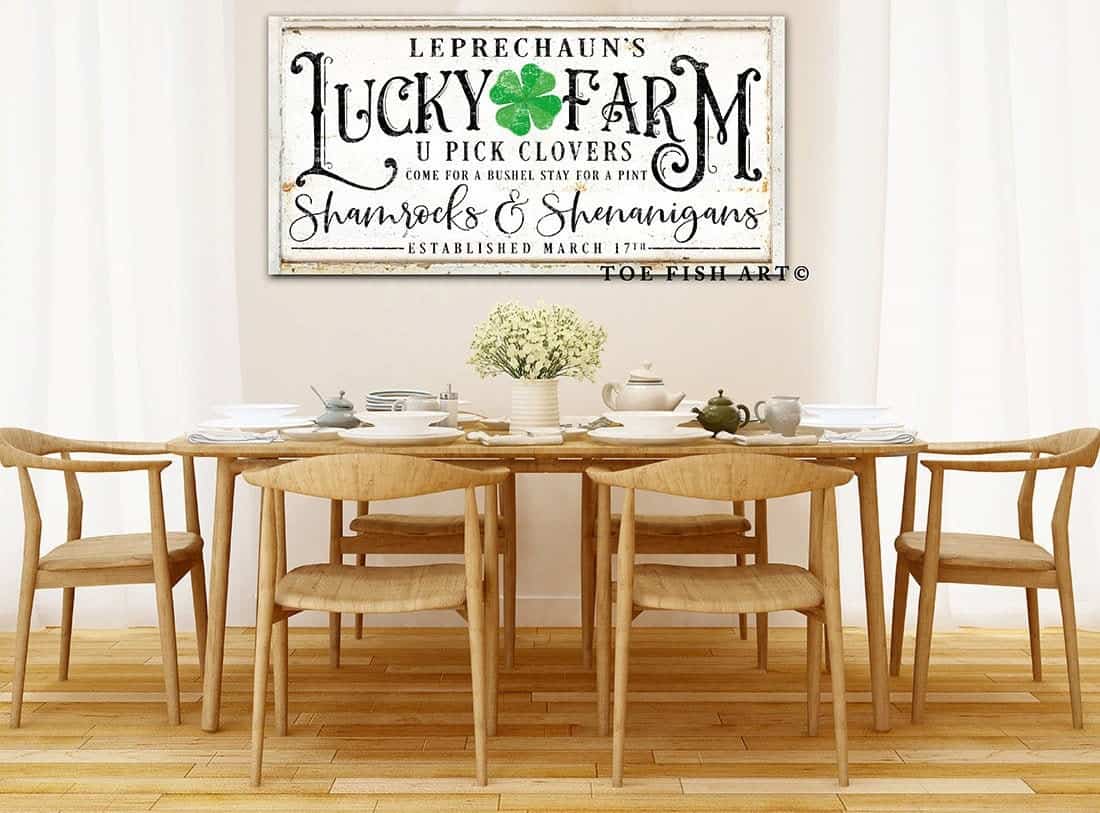 Leprechaun's Lucky Farm Sign handmade by ToeFishArt. Original, custom, personalized wall decor signs. Canvas, Wood or Metal. Rustic modern farmhouse, cottagecore, vintage, retro, industrial, Americana, primitive, country, coastal, minimalist.