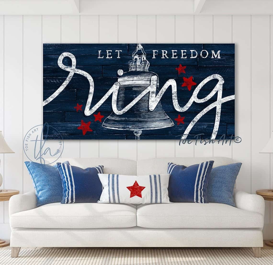 Let Freedom Ring Sign handmade by ToeFishArt. Original, custom, personalized wall decor signs. Canvas, Wood or Metal. Rustic modern farmhouse, cottagecore, vintage, retro, industrial, Americana, primitive, country, coastal, minimalist.