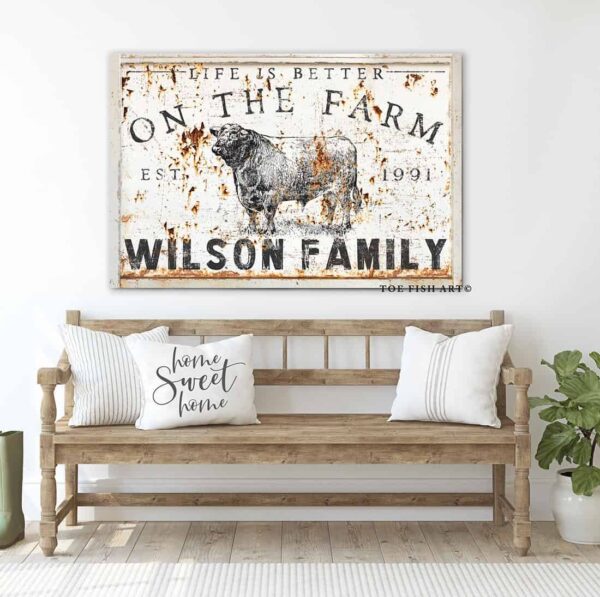 Life Is Better On the Farm Sign handmade by ToeFishArt. Original, custom, personalized wall decor signs. Canvas, Wood or Metal. Rustic modern farmhouse, cottagecore, vintage, retro, industrial, Americana, primitive, country, coastal, minimalist.