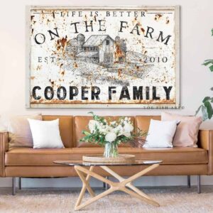 Life Is Better On the Farm Sign handmade by ToeFishArt. Original, custom, personalized wall decor signs. Canvas, Wood or Metal. Rustic modern farmhouse, cottagecore, vintage, retro, industrial, Americana, primitive, country, coastal, minimalist.