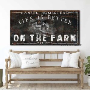 Life Is Better On the Farm Sign handmade by ToeFishArt. Original, custom, personalized wall decor signs. Canvas, Wood or Metal. Rustic modern farmhouse, cottagecore, vintage, retro, industrial, Americana, primitive, country, coastal, minimalist.