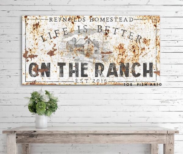 Life is Better in the Country Sign handmade by ToeFishArt. Original, custom, personalized wall decor signs. Canvas, Wood or Metal. Rustic modern farmhouse, cottagecore, vintage, retro, industrial, Americana, primitive, country, coastal, minimalist.