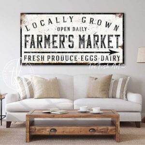 Locally Grown Farmers Market Sign handmade by ToeFishArt. Original, custom, personalized wall decor signs. Canvas, Wood or Metal. Rustic modern farmhouse, cottagecore, vintage, retro, industrial, Americana, primitive, country, coastal, minimalist.