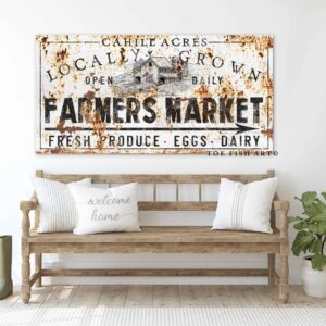 Locally Grown Farmers Market Sign handmade by ToeFishArt. Original, custom, personalized wall decor signs. Canvas, Wood or Metal. Rustic modern farmhouse, cottagecore, vintage, retro, industrial, Americana, primitive, country, coastal, minimalist.