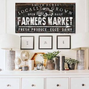 Locally Grown Farmers Market Sign handmade by ToeFishArt. Original, custom, personalized wall decor signs. Canvas, Wood or Metal. Rustic modern farmhouse, cottagecore, vintage, retro, industrial, Americana, primitive, country, coastal, minimalist.