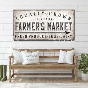 Locally Grown Farmers Market Sign handmade by ToeFishArt. Original, custom, personalized wall decor signs. Canvas, Wood or Metal. Rustic modern farmhouse, cottagecore, vintage, retro, industrial, Americana, primitive, country, coastal, minimalist.