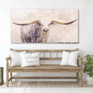 Longhorn Cow Sign handmade by ToeFishArt. Original, custom, personalized wall decor signs. Canvas, Wood or Metal. Rustic modern farmhouse, cottagecore, vintage, retro, industrial, Americana, primitive, country, coastal, minimalist.