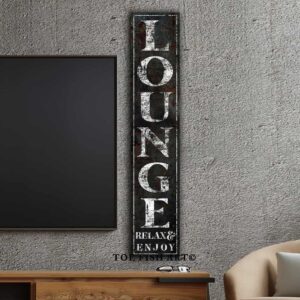 Lounge Relax & Enjoy Rustic Sign handmade by ToeFishArt. Original, custom, personalized wall decor signs. Canvas, Wood or Metal. Rustic modern farmhouse, cottagecore, vintage, retro, industrial, Americana, primitive, country, coastal, minimalist.