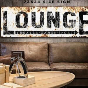 Lounge Sign handmade by ToeFishArt. Original, custom, personalized wall decor signs. Canvas, Wood or Metal. Rustic modern farmhouse, cottagecore, vintage, retro, industrial, Americana, primitive, country, coastal, minimalist.