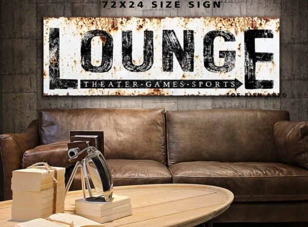 Lounge Sign handmade by ToeFishArt. Original, custom, personalized wall decor signs. Canvas, Wood or Metal. Rustic modern farmhouse, cottagecore, vintage, retro, industrial, Americana, primitive, country, coastal, minimalist.