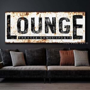 Lounge Sign handmade by ToeFishArt. Original, custom, personalized wall decor signs. Canvas, Wood or Metal. Rustic modern farmhouse, cottagecore, vintage, retro, industrial, Americana, primitive, country, coastal, minimalist.