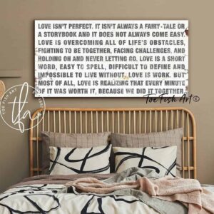 Love Isn't Perfect Sign handmade by ToeFishArt. Original, custom, personalized wall decor signs. Canvas, Wood or Metal. Rustic modern farmhouse, cottagecore, vintage, retro, industrial, Americana, primitive, country, coastal, minimalist.