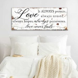 Love Never Fails Sign handmade by ToeFishArt. Original, custom, personalized wall decor signs. Canvas, Wood or Metal. Rustic modern farmhouse, cottagecore, vintage, retro, industrial, Americana, primitive, country, coastal, minimalist.