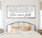 Love Never Fails Sign handmade by ToeFishArt. Original, custom, personalized wall decor signs. Canvas, Wood or Metal. Rustic modern farmhouse, cottagecore, vintage, retro, industrial, Americana, primitive, country, coastal, minimalist.